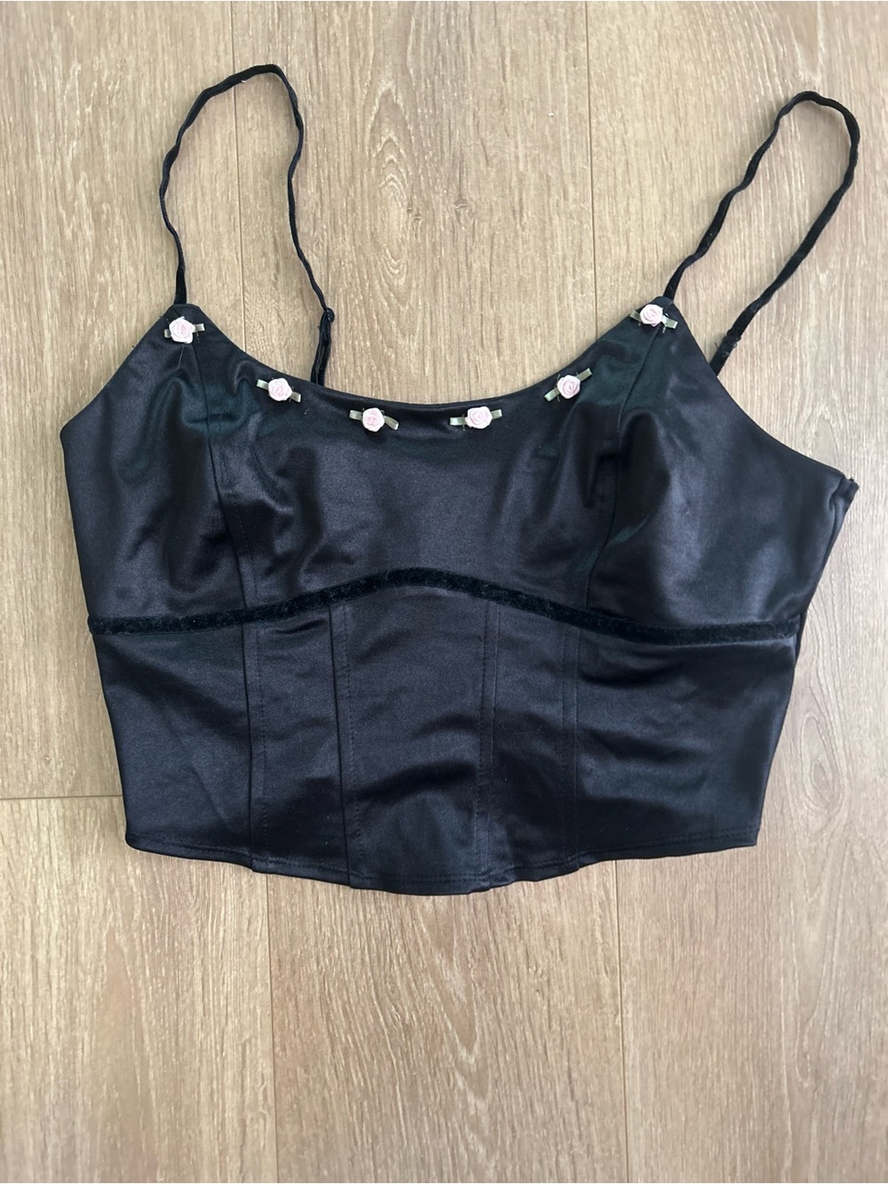 wild fable Black Satin Crop Cami with Pink Rose Appliqués